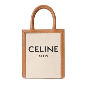 Celine Vertical Cabas Bag Beige Tan Brown Leather Canvas Handbag